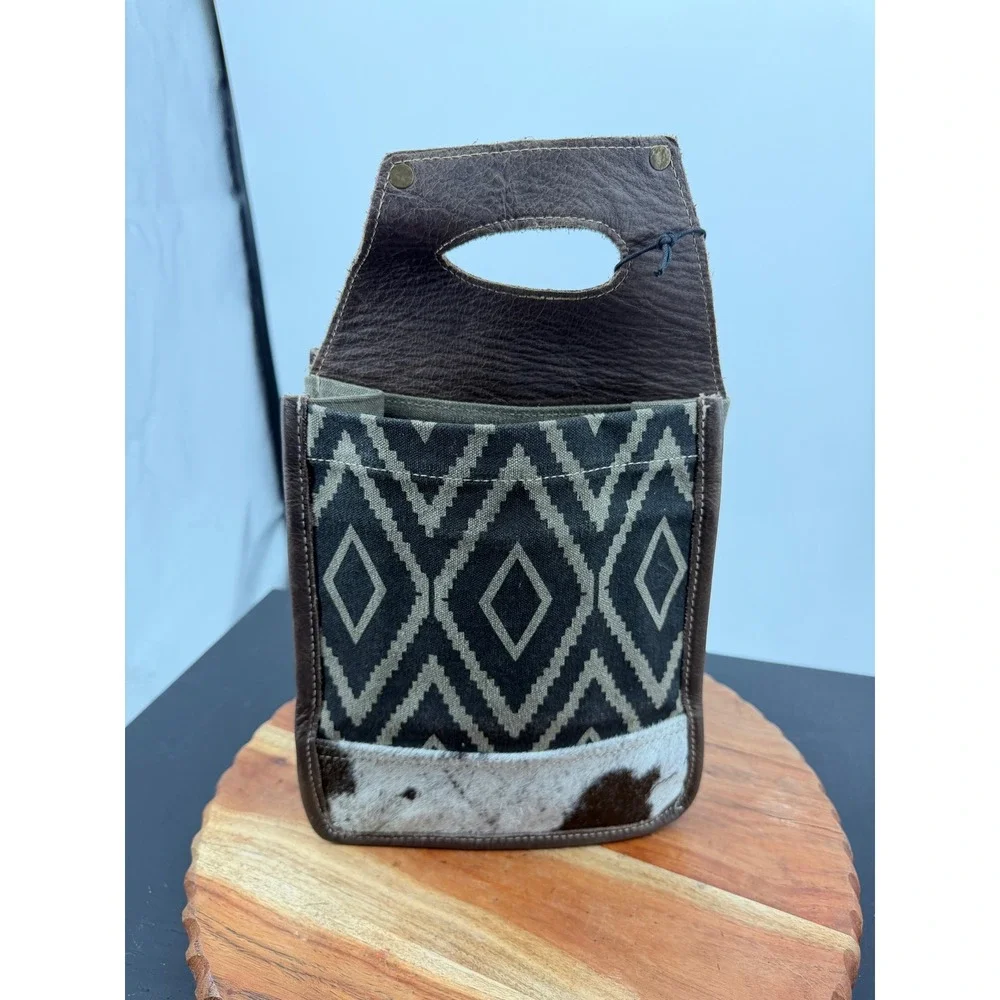 Myra Chevron 6 Pack Beer Caddy OS Brown Olive Upcycled Leather Cowhide S-6414